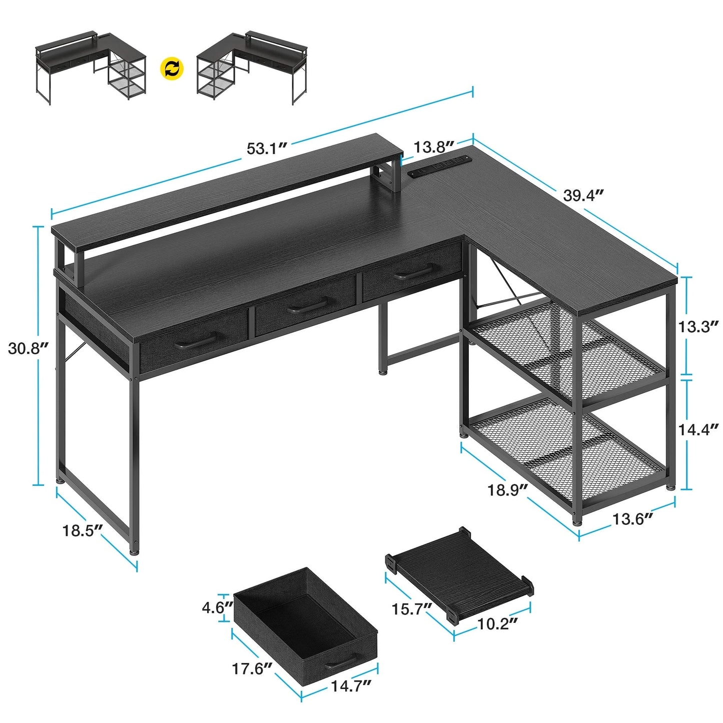 53 Inch Reversible L Shaped Desk with 3 Drawers, Computer Gaming Desk with Power Outlets & USB Ports, Monitor Stand for Home Office, Corner Desk with Large Storage Space, Modern Black