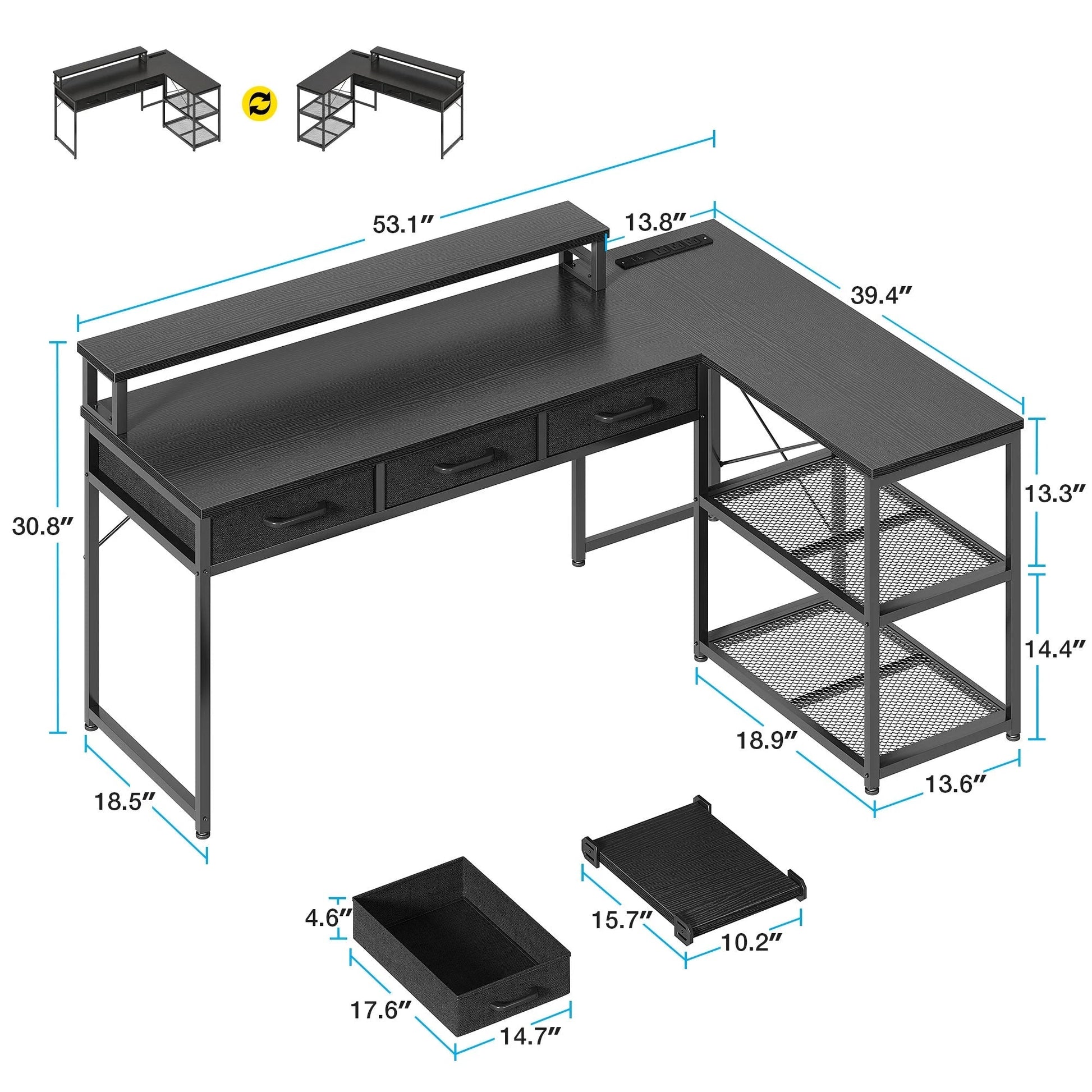 53 Inch Reversible L Shaped Desk with 3 Drawers, Computer Gaming Desk with Power Outlets & USB Ports, Monitor Stand for Home Office, Corner Desk with Large Storage Space, Modern Black