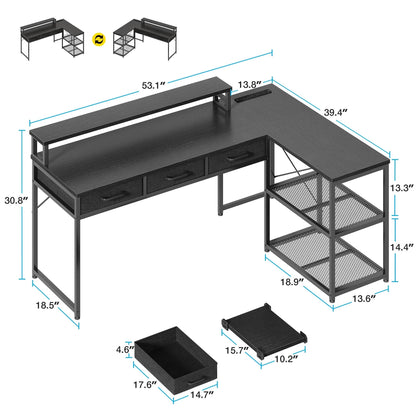 53 Inch Reversible L Shaped Desk with 3 Drawers, Computer Gaming Desk with Power Outlets & USB Ports, Monitor Stand for Home Office, Corner Desk with Large Storage Space, Modern Black