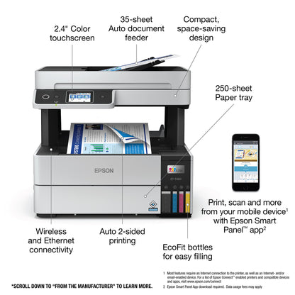 Epson EcoTank Pro ET-5150 Wireless Color All-in-One Supertank Printer with Scanner, Copier, Plus Auto Document Feeder, Large, White