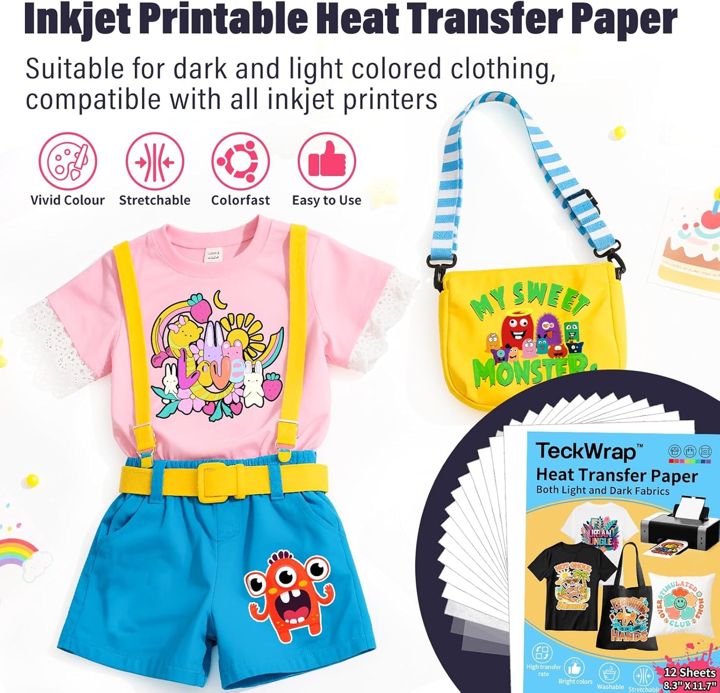 Printable Heat Transfer Paper for T-Shirts Heat Press 8.3" X 11.7"?12 Sheets Matte Printable Heat Transfer Vinyl for Inkjet Printer, Iron on Transfer Paper for Both Light and Dark Fabric