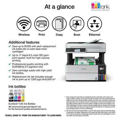 Epson EcoTank Pro ET-5150 Wireless Color All-in-One Supertank Printer with Scanner, Copier, Plus Auto Document Feeder, Large, White