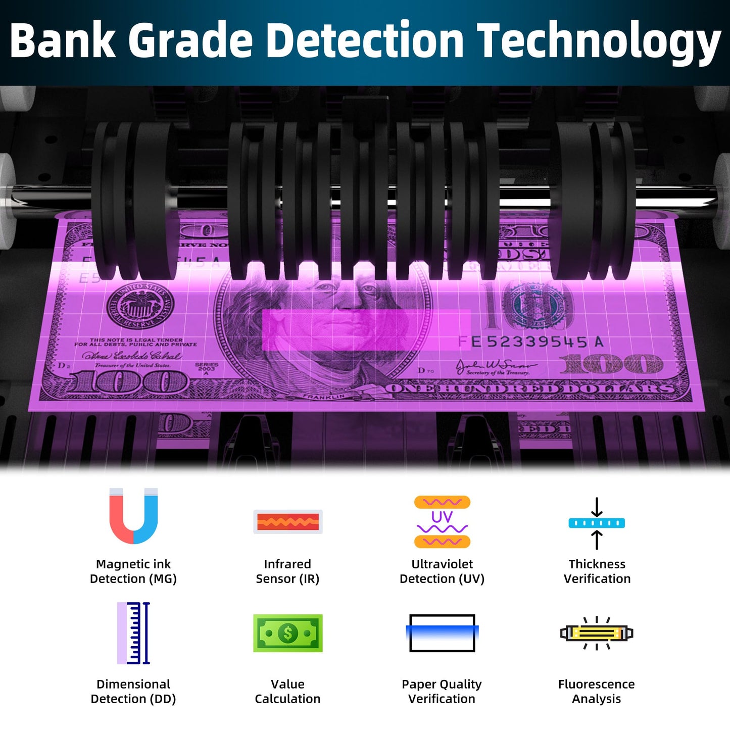 PONNOR Money Counter Machine with Value Bill Count, Cash Counting Machine for Dollar, Euro with UV/MG/IR/DD/DBL/HLF/CHN Counterfeit Detection, Bill Counter with Large LCD Display