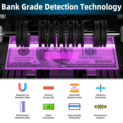 PONNOR Money Counter Machine with Value Bill Count, Cash Counting Machine for Dollar, Euro with UV/MG/IR/DD/DBL/HLF/CHN Counterfeit Detection, Bill Counter with Large LCD Display