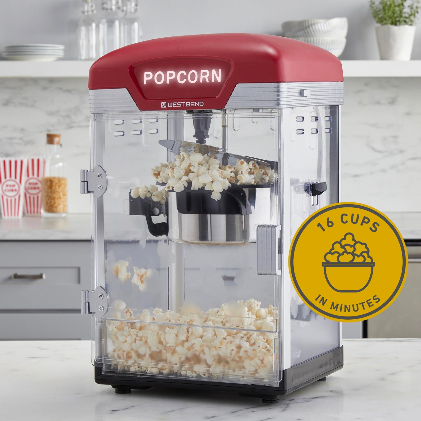 West Bend Stir Crazy Movie Theater Popcorn Popper, Gourmet Popcorn Maker with Nonstick Popcorn Kettle, Measuring Tool and Scoop , 4 Qt, Blue