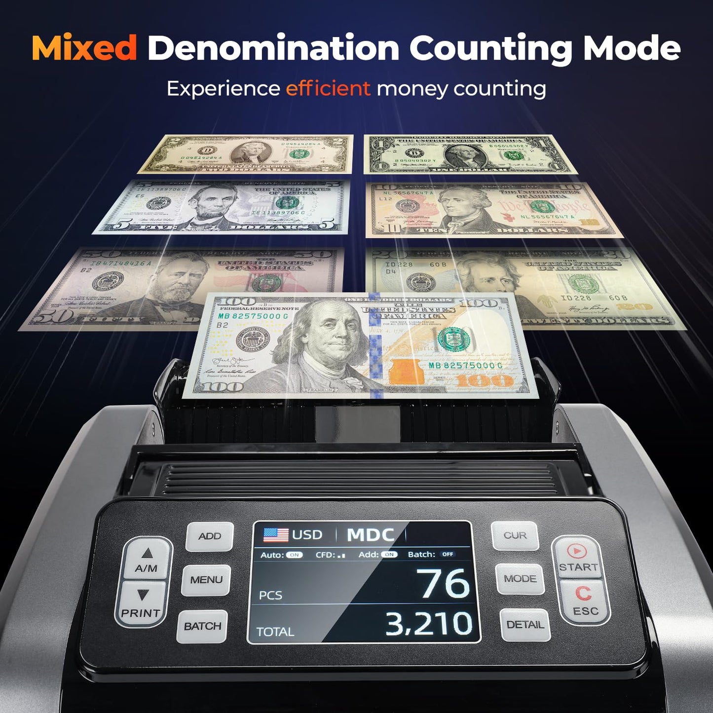 MUNBYN IMC09 Mixed Denomination Money Counter Machine, Value Counting, UV/MG/IR/MT Bill Counter, 3.5" TFT Display Money Counting Machine Printer Enabled, USD, EUR, MXN Cash Counter for Business(Black)