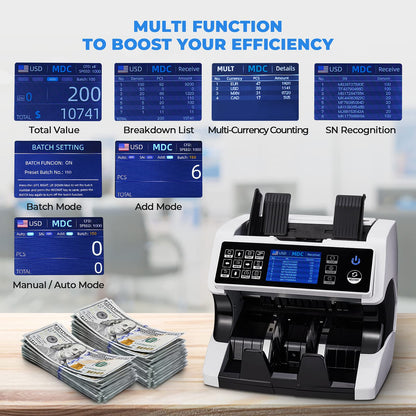 MUNBYN IMC01 Bank Grade Money Counter Machine Mixed Denomination, 2CIS/UV/IR/MG/MT Counterfeit Detection, Serial Number, MUL Currency Cash Counter, Printer Compatible Bill Value Counter (Black)