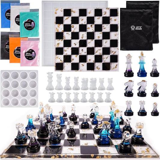 LET'S RESIN Chess Molds for Resin Casting, Upgraded Resin Chess Set Mold with 16 Piece 3D Full Size Chess Checkers & Chess Board Epoxy Silicone Resin Molds, DIY Chess Board Game, Christmas Gifts