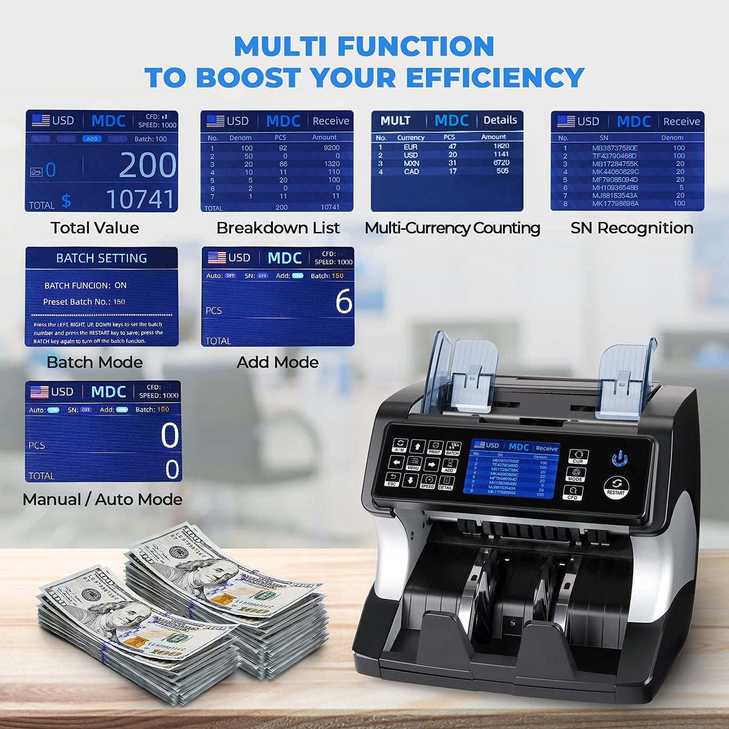 MUNBYN IMC01 Bank Grade Money Counter Machine Mixed Denomination, 2CIS/UV/IR/MG/MT Counterfeit Detection, Serial Number, MUL Currency Cash Counter, Printer Compatible Bill Value Counter (Black)