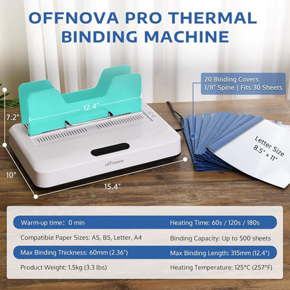 OFFNOVA Thermal Binding Machine 500 Sheets Capacity, No Preheat, Air Cooling, Book Binder Machine with 10 Binding Covers, for A4/A5/Letter Size Business Documents, Office and Homeschool Projects