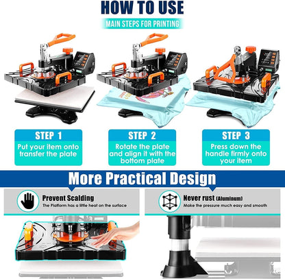 Upgraded 8 in 1 Heat Press Machine Digital Combo Multifunctional T-Shirt Printing Sublimation Heat Press Transfer Machine12"X15"Heat Press Machines Printing Machine for T Shirts Cap Mug Plate