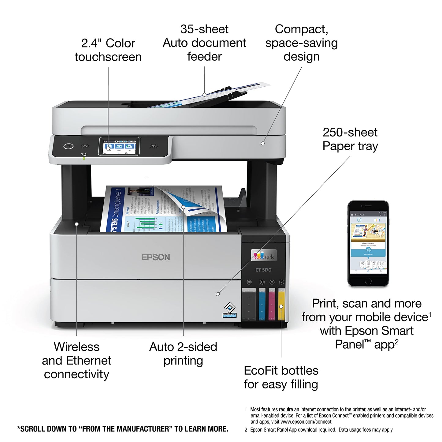 Epson EcoTank Pro ET-5150 Wireless Color All-in-One Supertank Printer with Scanner, Copier, Plus Auto Document Feeder, Large, White