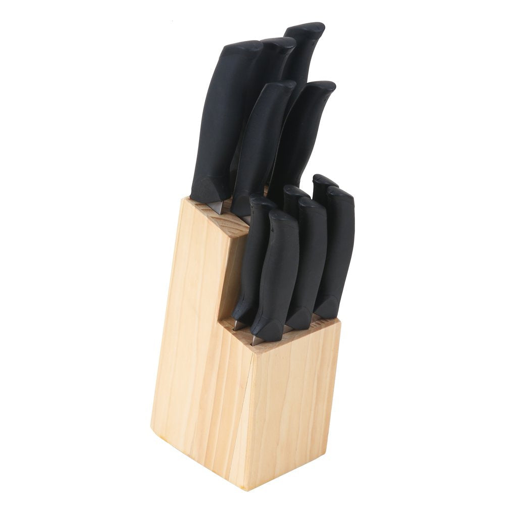 12 Piece Cutlery Set with Soft Grip Handles and Wood Storage Block