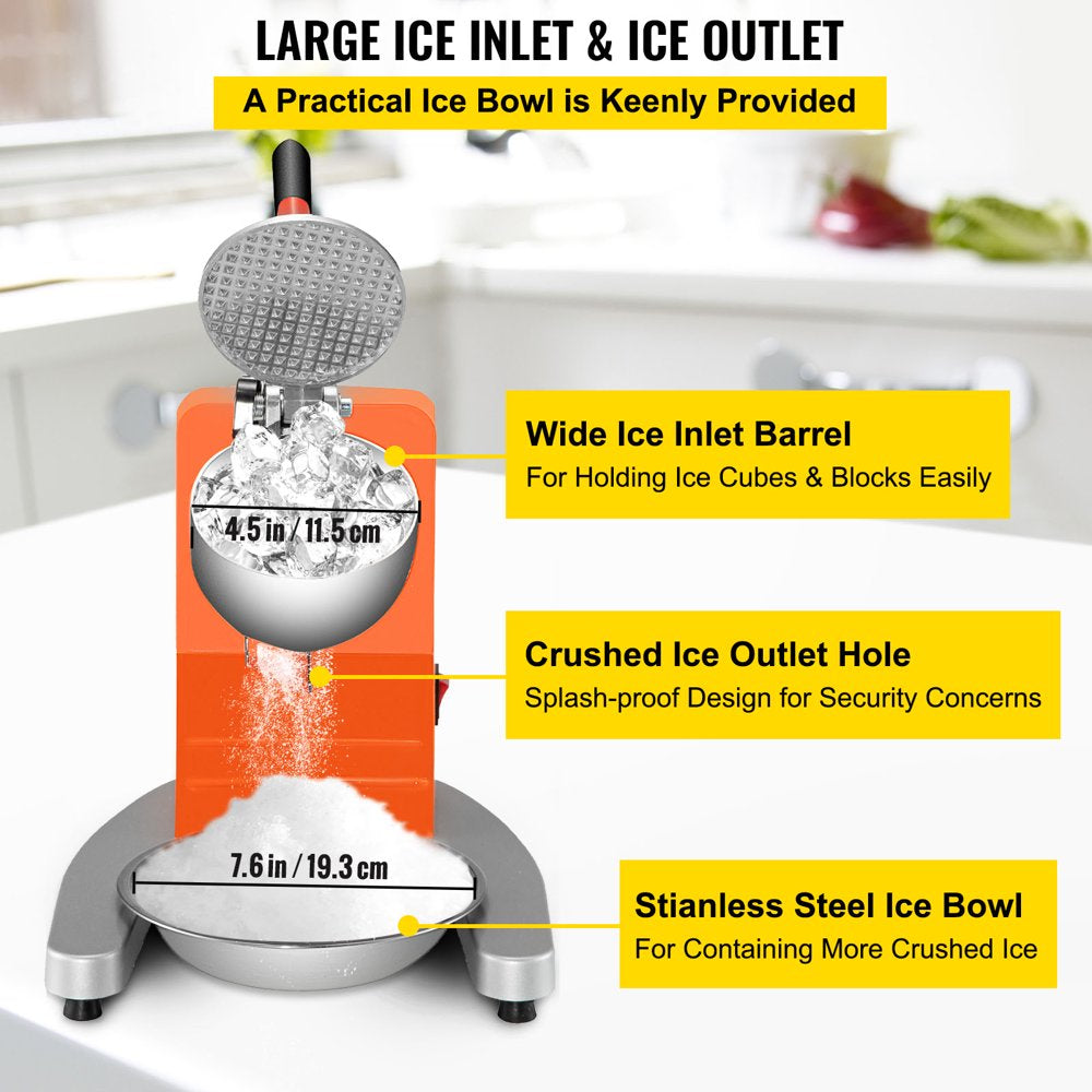 brand Electric Ice Shaver Crusher Snow Cone Maker Machine with 4 Stainless Steel Blades 220LB/H Shaved Ice Machine 300W 1450 RPM for Home and Commercial Use Orange