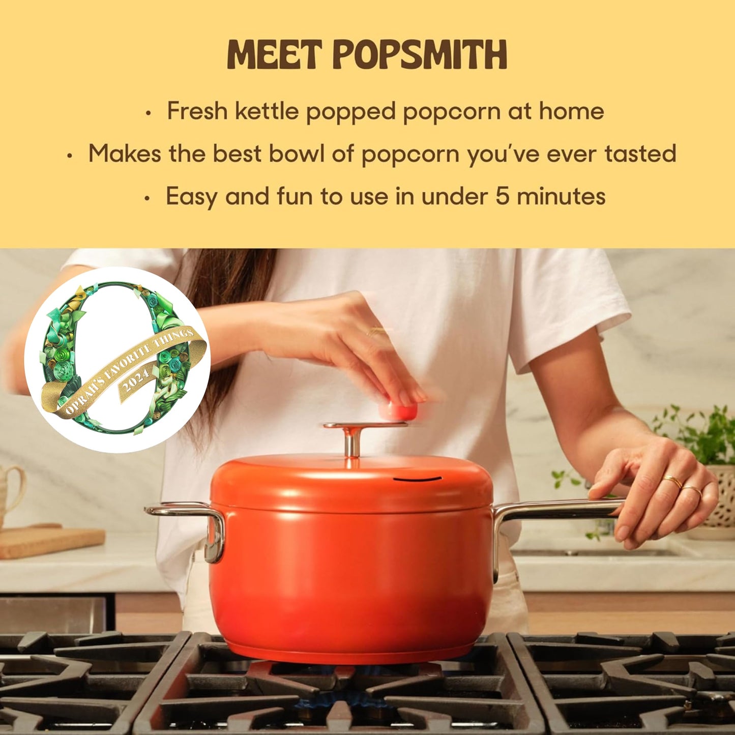 Popsmith Popcorn Popper in Butter - 6 Quart Stovetop Popcorn Machine - Stainless Steel Popcorn Maker Compatible with All Stovetops