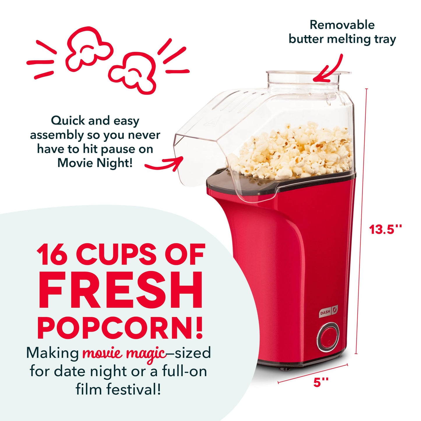 DASH Hot Air Popcorn Popper Maker with Measuring Cup to Portion Popping Corn Kernels + Melt Butter, 16 Cups - Aqua