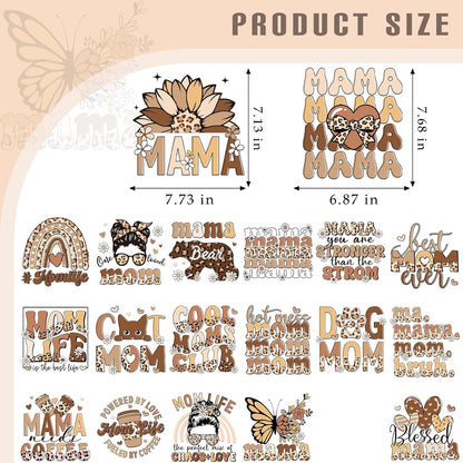 Dazoratix Mother'S Day Transfer Stickers - 20 Sheets Mama Iron on Transfers Ready to Press Heat Patches Vinyl DTF Decals for T Shirts Clothes DIY Crafts Women Clothing Bag Appliques Pillow Decorations