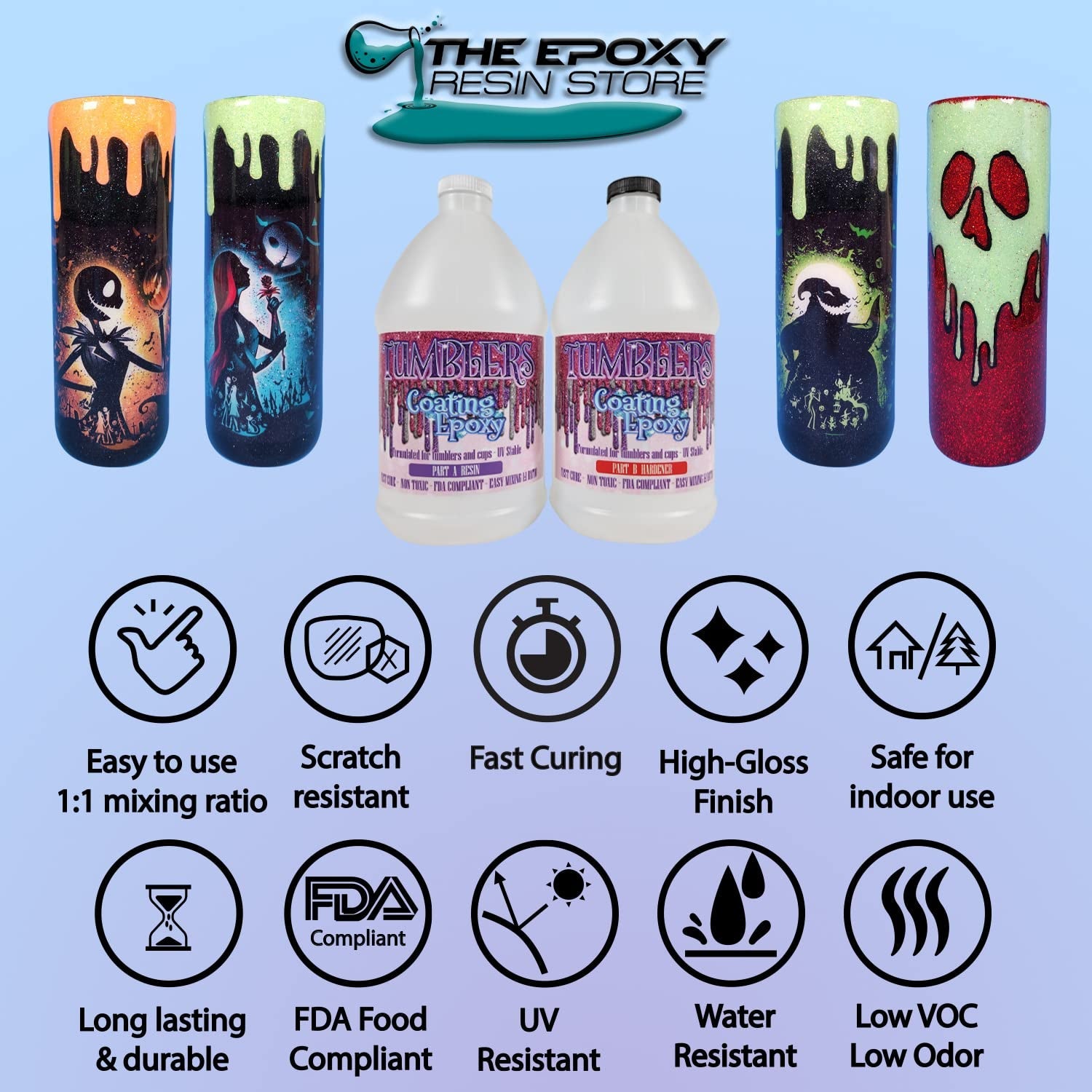 The Epoxt Resin Store - Tumbler Coating Epoxy Resin, Super Gloss Shine, Fast Cure, Self Leveling, Low Odor, Easy Mixing (1-1), UV Stable, 2 Part 1 Gallon Kit