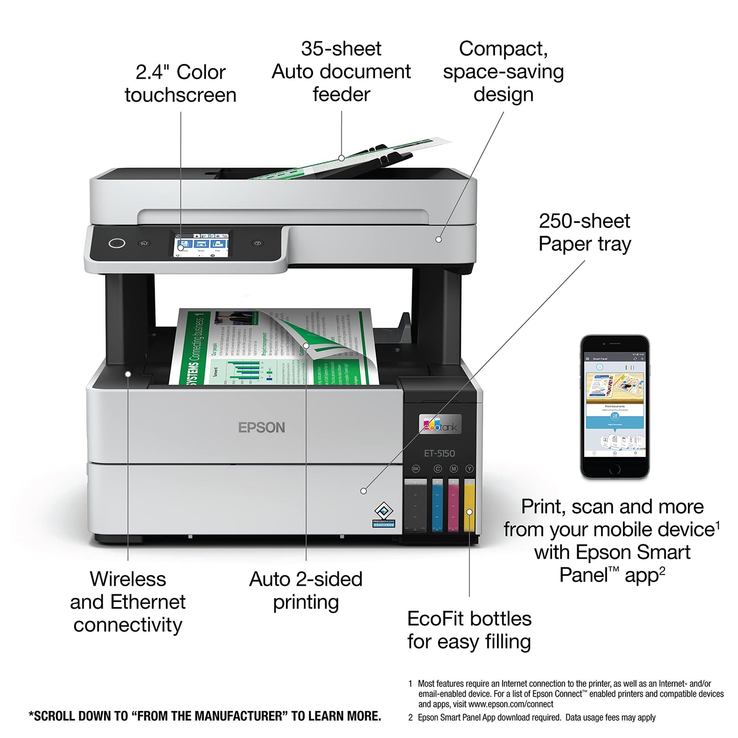 Epson EcoTank Pro ET-5150 Wireless Color All-in-One Supertank Printer with Scanner, Copier, Plus Auto Document Feeder, Large, White