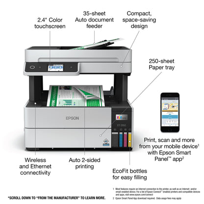 Epson EcoTank Pro ET-5150 Wireless Color All-in-One Supertank Printer with Scanner, Copier, Plus Auto Document Feeder, Large, White