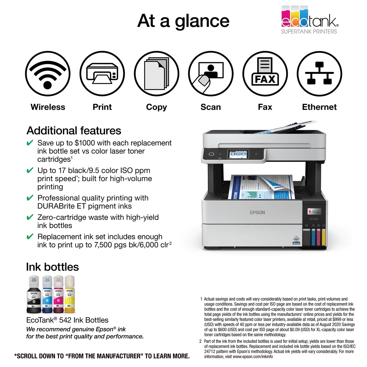 Epson EcoTank Pro ET-5150 Wireless Color All-in-One Supertank Printer with Scanner, Copier, Plus Auto Document Feeder, Large, White