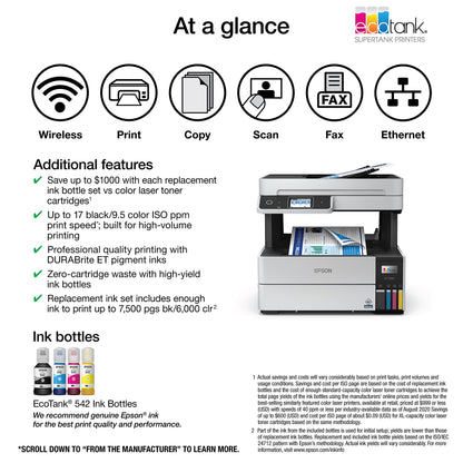 Epson EcoTank Pro ET-5150 Wireless Color All-in-One Supertank Printer with Scanner, Copier, Plus Auto Document Feeder, Large, White