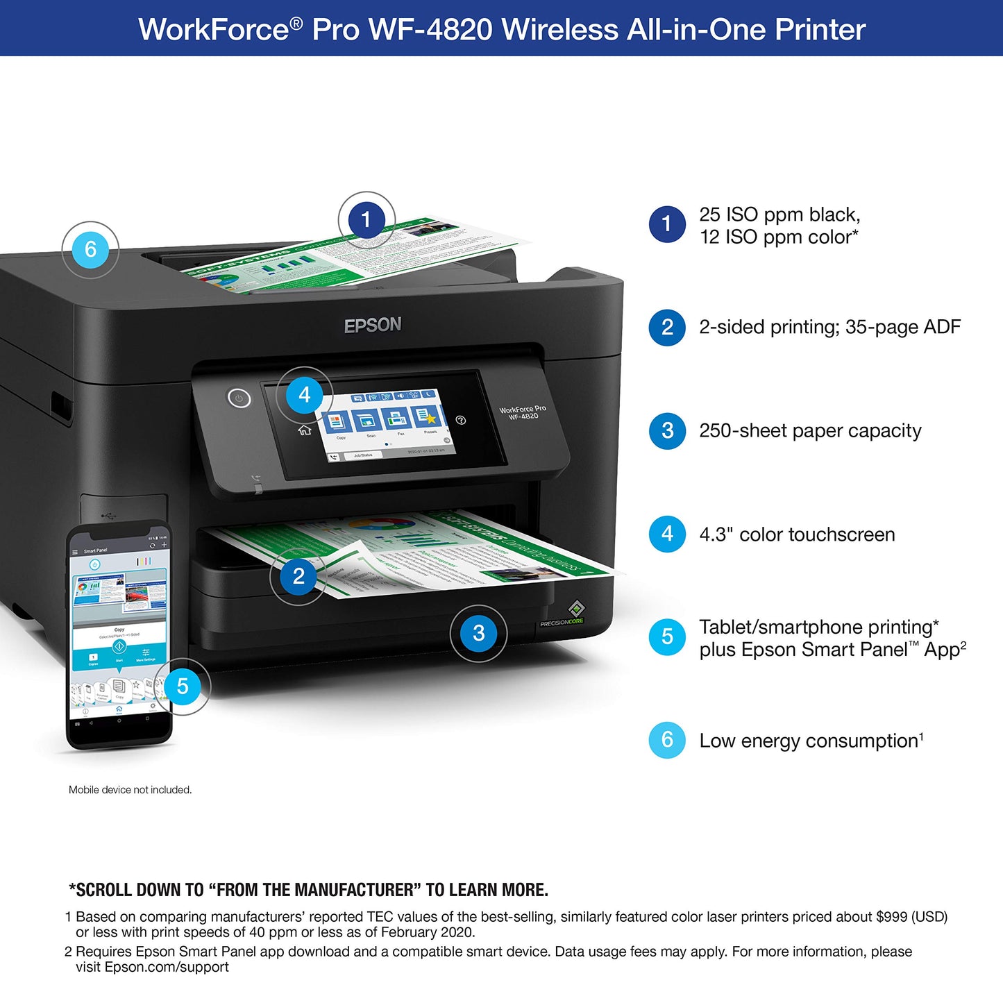 Epson Workforce Pro WF-4830 Wireless All-in-One Printer with Auto 2-Sided Print, Copy, Scan and Fax, 50-Page ADF, 500-sheet Paper Capacity, and 4.3" Color Touchscreen, Works with Alexa, Black, Large