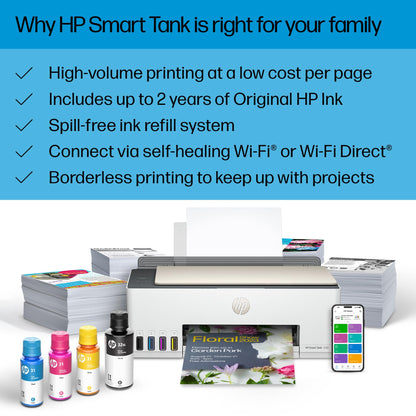 HP Smart -Tank 5101 Wireless Cartridge-free all in one printer, up to 2 years of ink included, mobile print, scan, copy (1F3Y0A) , White