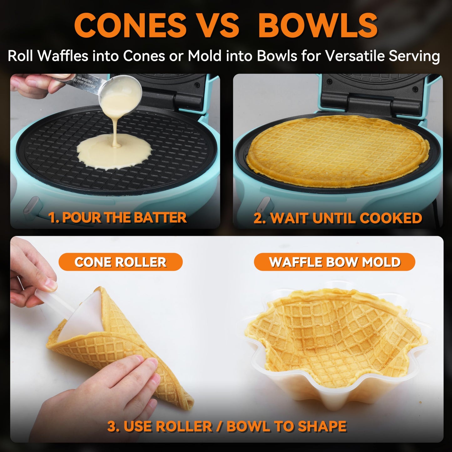 Baker's Friend Waffle Cone Maker Machine with Browning Control, Nonstick Waffle Bowl Maker, 7.5” Ice Cream Cone Maker, Thin Waffle Maker Crispy, Cone Roller & Bowl Press Included, Aqua