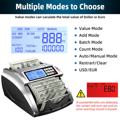 PONNOR Money Counter Machine with Value Bill Count, Cash Counting Machine for Dollar, Euro with UV/MG/IR/DD/DBL/HLF/CHN Counterfeit Detection, Bill Counter with Large LCD Display