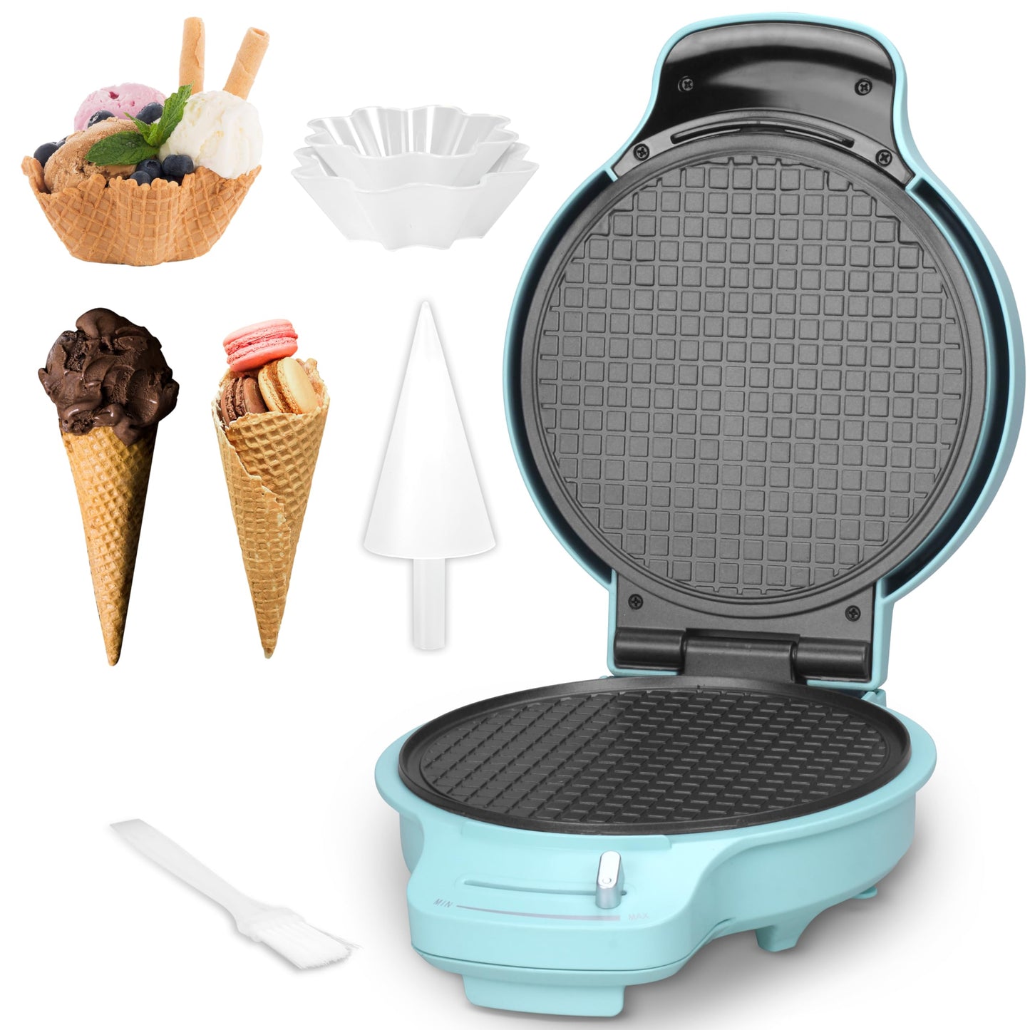 Baker's Friend Waffle Cone Maker Machine with Browning Control, Nonstick Waffle Bowl Maker, 7.5” Ice Cream Cone Maker, Thin Waffle Maker Crispy, Cone Roller & Bowl Press Included, Aqua