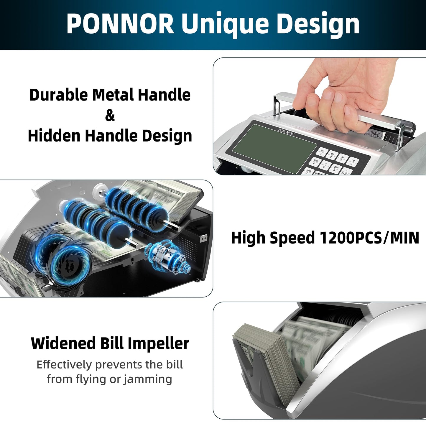 PONNOR Money Counter Machine with Value Bill Count, Cash Counting Machine for Dollar, Euro with UV/MG/IR/DD/DBL/HLF/CHN Counterfeit Detection, Bill Counter with Large LCD Display