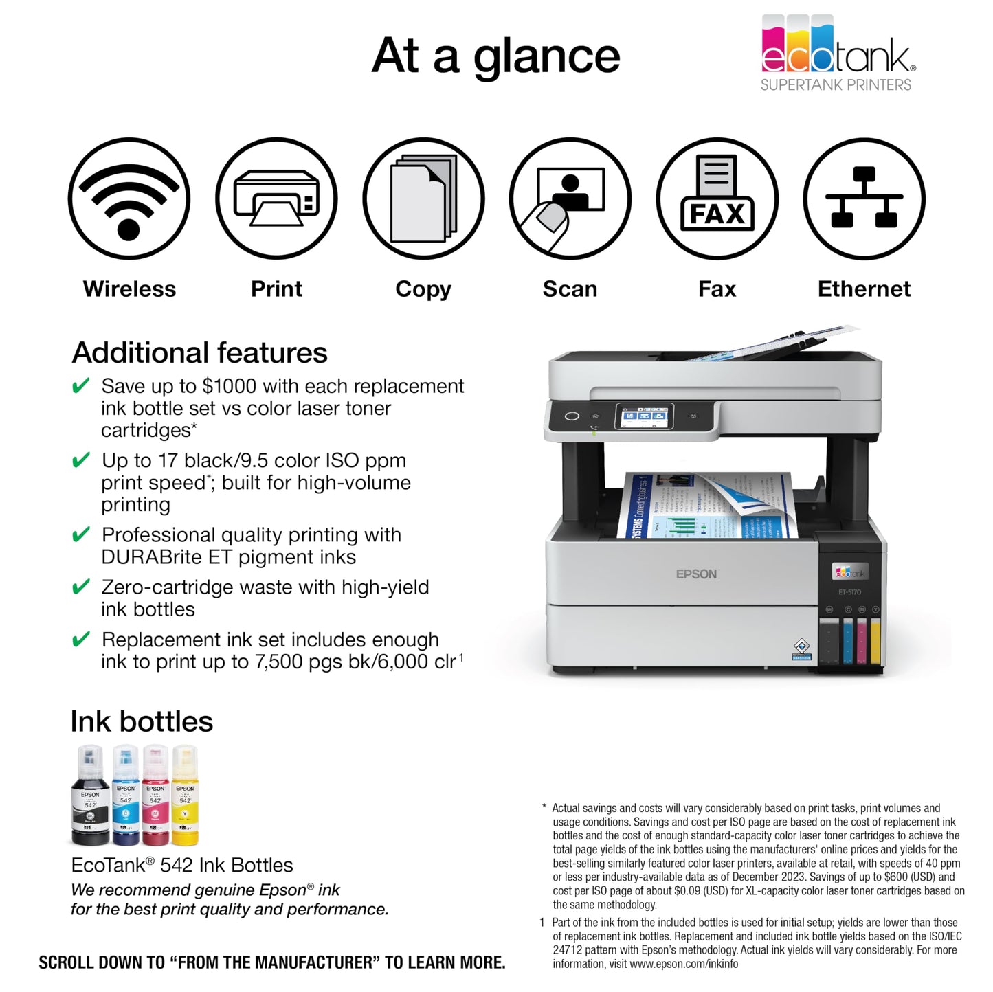 Epson EcoTank Pro ET-5150 Wireless Color All-in-One Supertank Printer with Scanner, Copier, Plus Auto Document Feeder, Large, White