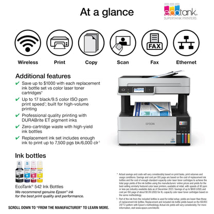 Epson EcoTank Pro ET-5150 Wireless Color All-in-One Supertank Printer with Scanner, Copier, Plus Auto Document Feeder, Large, White