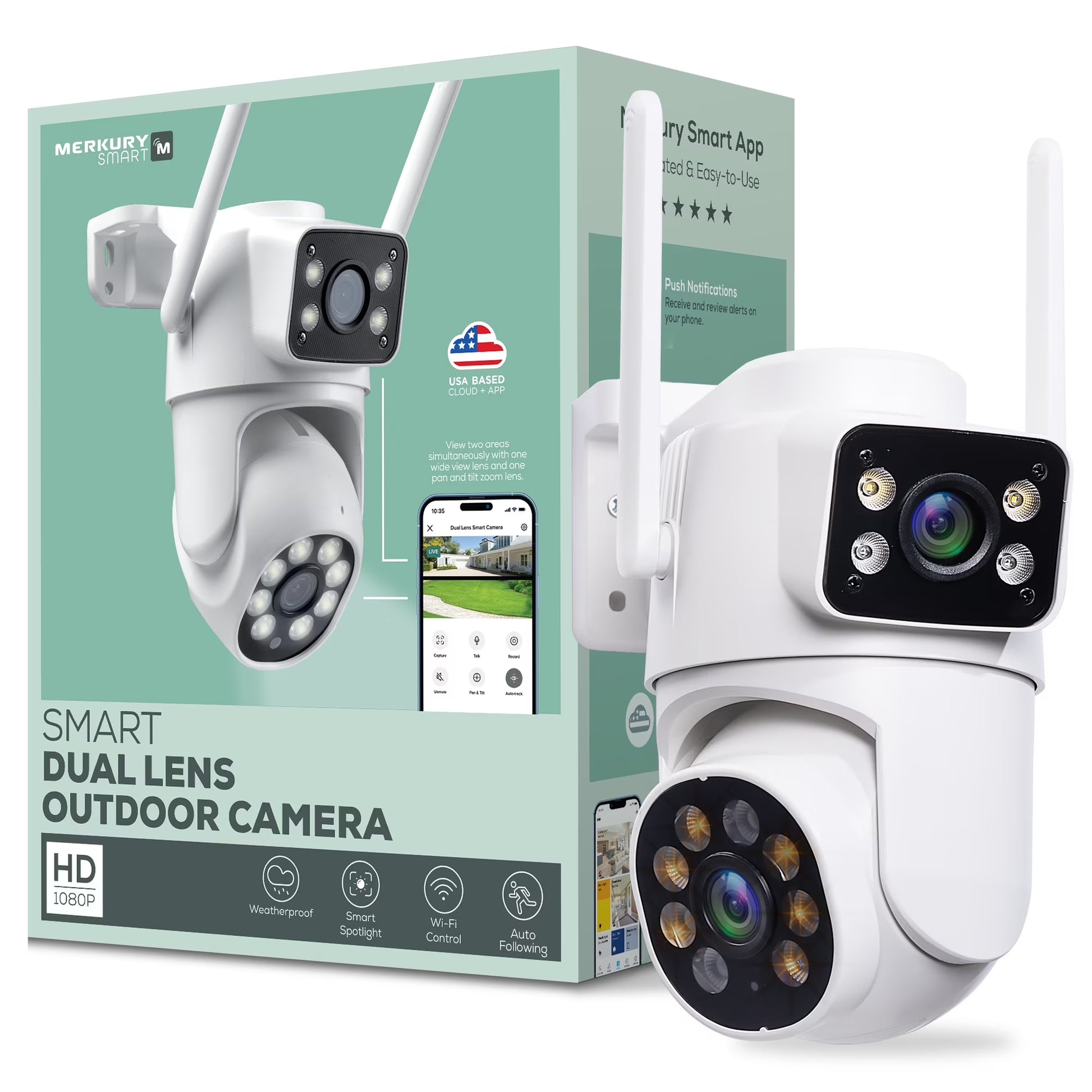 Outdoor Camera 1080P - Dual Lens Pan-Tilt Security Cam, White (1-Pack)