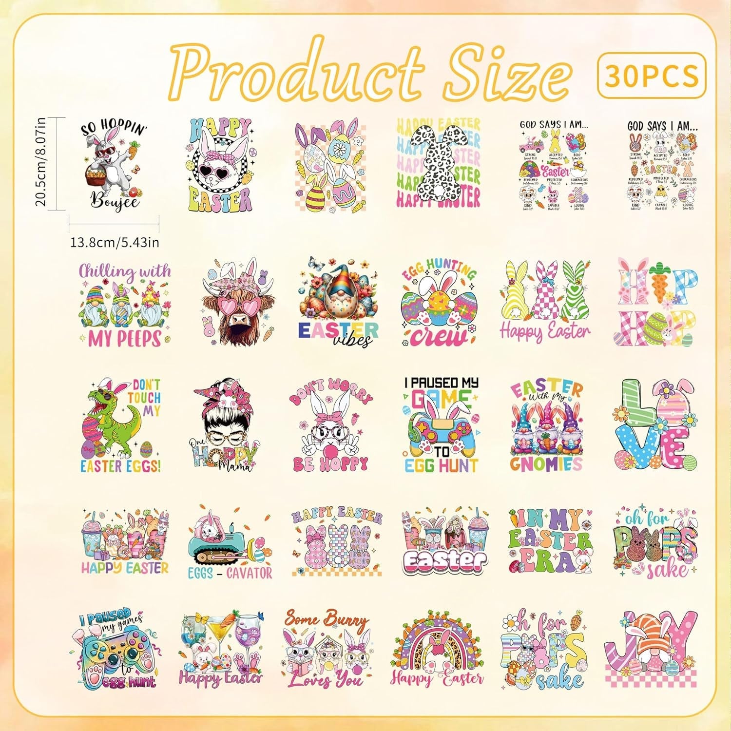Happy Easter DTF Transfers Ready to Press, 30 PCS Cute Bunny & Gnome Iron-On Decals, Festive Holiday Heat Transfer Vinyl for T-Shirts, Easter Baskets, and DIY Crafts