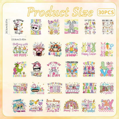 Happy Easter DTF Transfers Ready to Press, 30 PCS Cute Bunny & Gnome Iron-On Decals, Festive Holiday Heat Transfer Vinyl for T-Shirts, Easter Baskets, and DIY Crafts