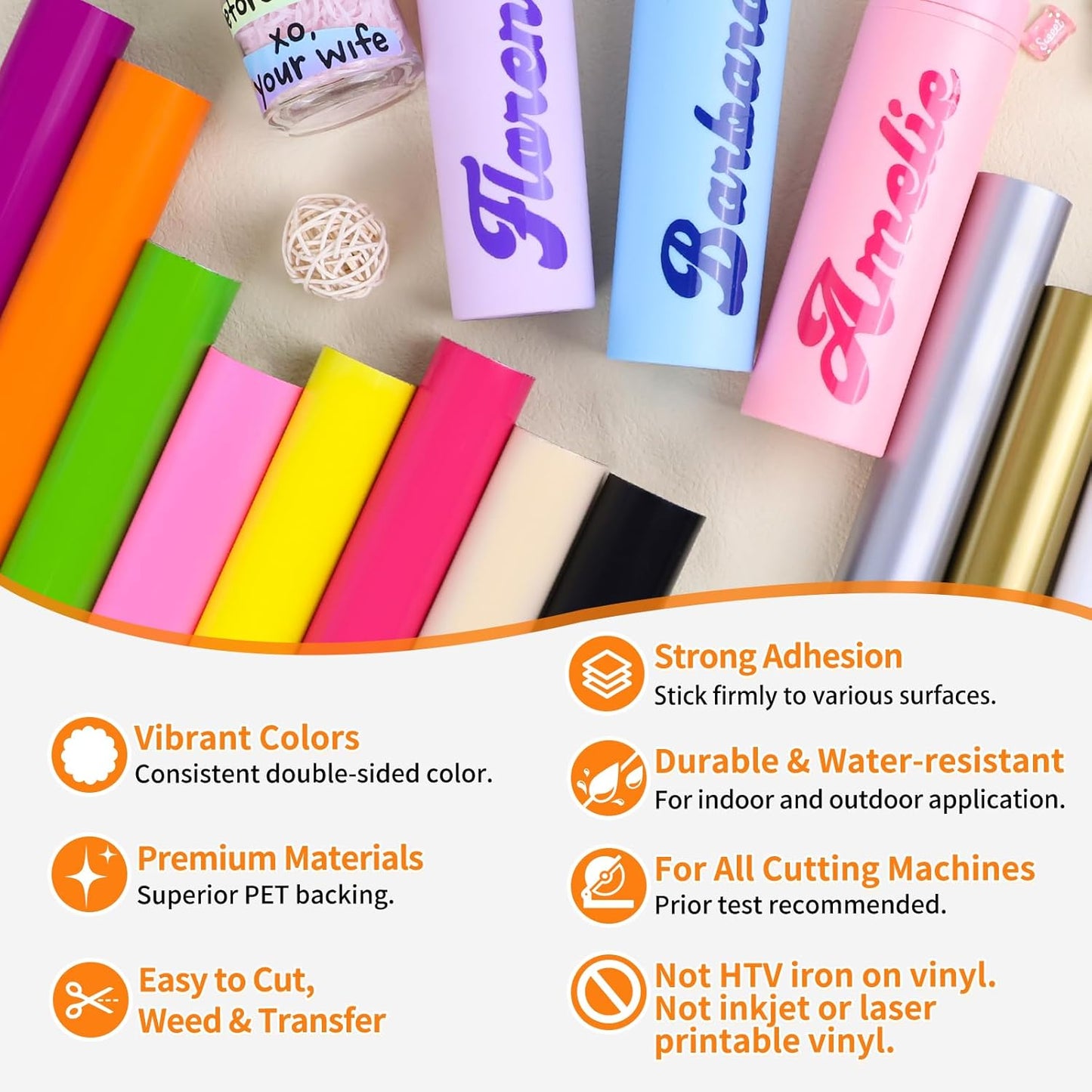 Permanent Vinyl, Rainbow Sampler - 12In X 5Ft Rolls 12 Colors Permanent Adhesive Vinyl Rolls for Cricut, Silhouette, Cameo Cutters, Signs, Scrap-Booking, Craft, Die Cutters