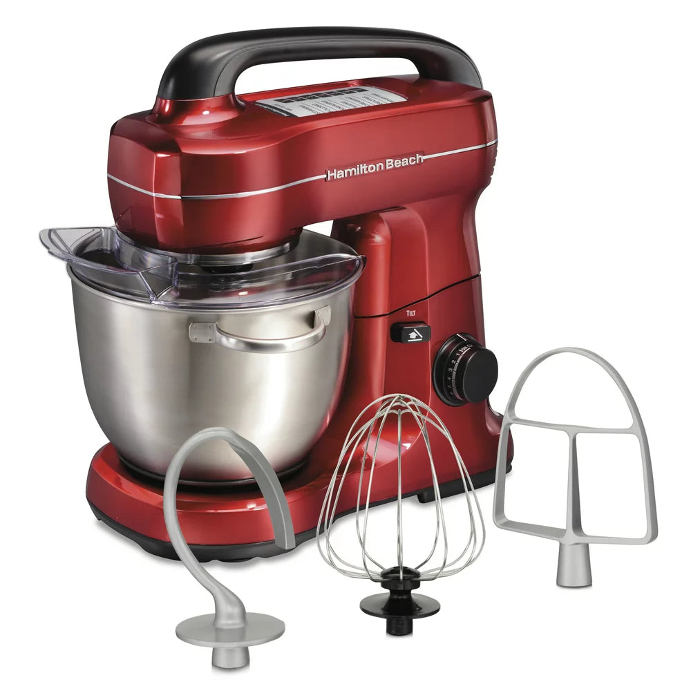 Electric Stand Mixer with 4 Quart Stainless Bowl, 7 Speeds, Whisk, Dough Hook, and Flat Beater Attachments, Splash Guard, 300 Watts, Red, 63395