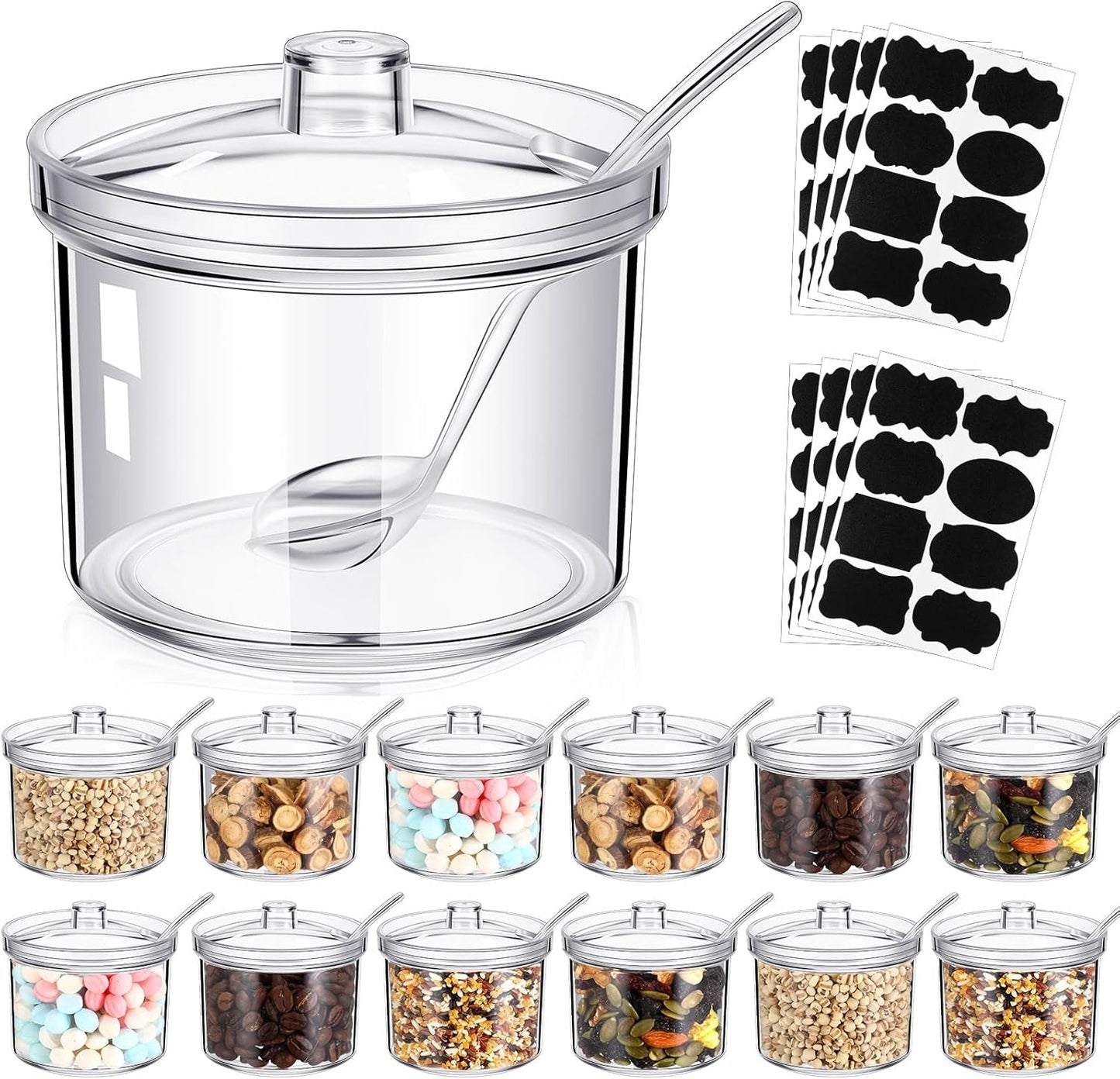 Tioncy 12 Pcs Hot Cocoa Bar Supplies Sugar Bowls with Lid and Spoon Party Bar Ice Cream Sundae Caramel Apple Dipping Container Christmas Acrylic Candy Dispenser with Tag (7.1 Oz,Clear)
