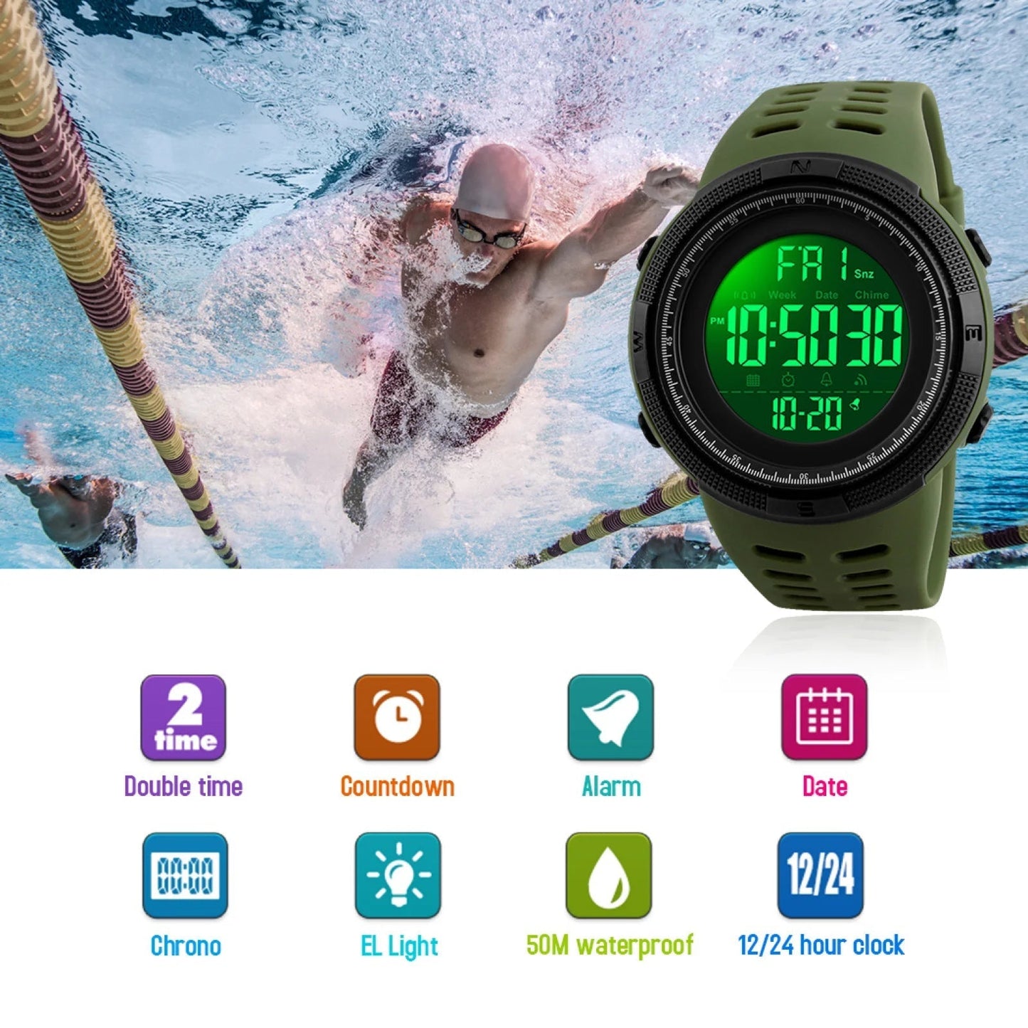 Men'S Watch Waterproof Digital Sport Watch Military Digital Watches for Men Alarm Back Light Classic Large Face Watch Army Green