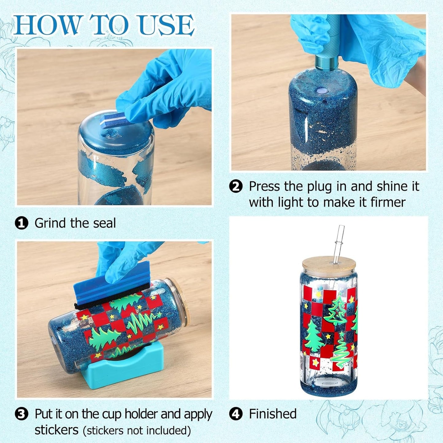 Baderke 20 Pcs Snow Globe Tumbler DIY Kit 16 Oz Tumbler Squeeze Bottle, Glitter, Funnel Tweezer Silicone Cup Cradle Measuring Cup Glove Flashlight Buffer for Beginner(Blue,Classic)