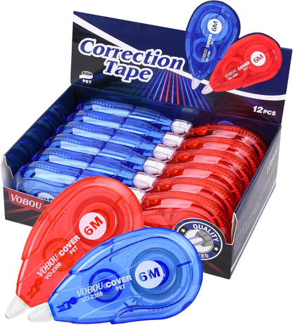 White Correction Tape, Easy to Use Applicator for Instant Corrections Wrong Writing at Any Time, for School, Office (Red and Blue, 12Pack, 6M/256" X 0.2")