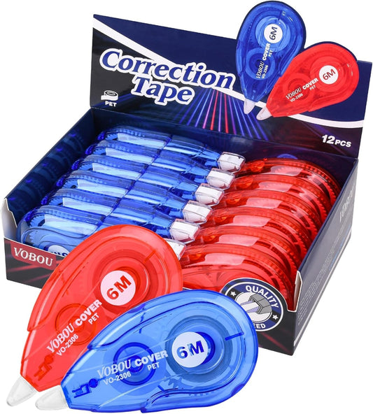 White Correction Tape, Easy to Use Applicator for Instant Corrections Wrong Writing at Any Time, for School, Office (Red and Blue, 12Pack, 6M/256" X 0.2")