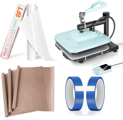Heat Press Machine for T Shirts +  12" X 8Ft White HTV Vinyl for Shirts+2 Rolls 20Mm X 33M Tape+3 Pack 16 X 20 PTFE Teflon Sheet