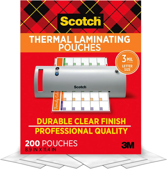Scotch Thermal Laminating Pouches, 200 Count, Clear, 3 Mil., Ideal Office or School Supplies, Fits Letter Sized Paper (8.9 In. × 11.4 In.)