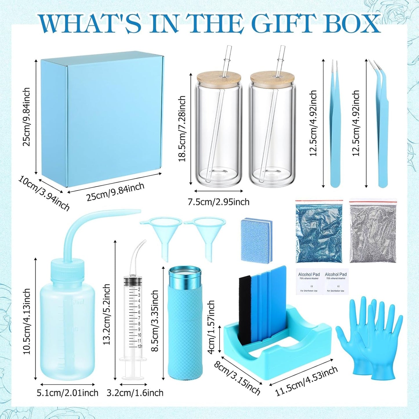 Baderke 20 Pcs Snow Globe Tumbler DIY Kit 16 Oz Tumbler Squeeze Bottle, Glitter, Funnel Tweezer Silicone Cup Cradle Measuring Cup Glove Flashlight Buffer for Beginner(Blue,Classic)