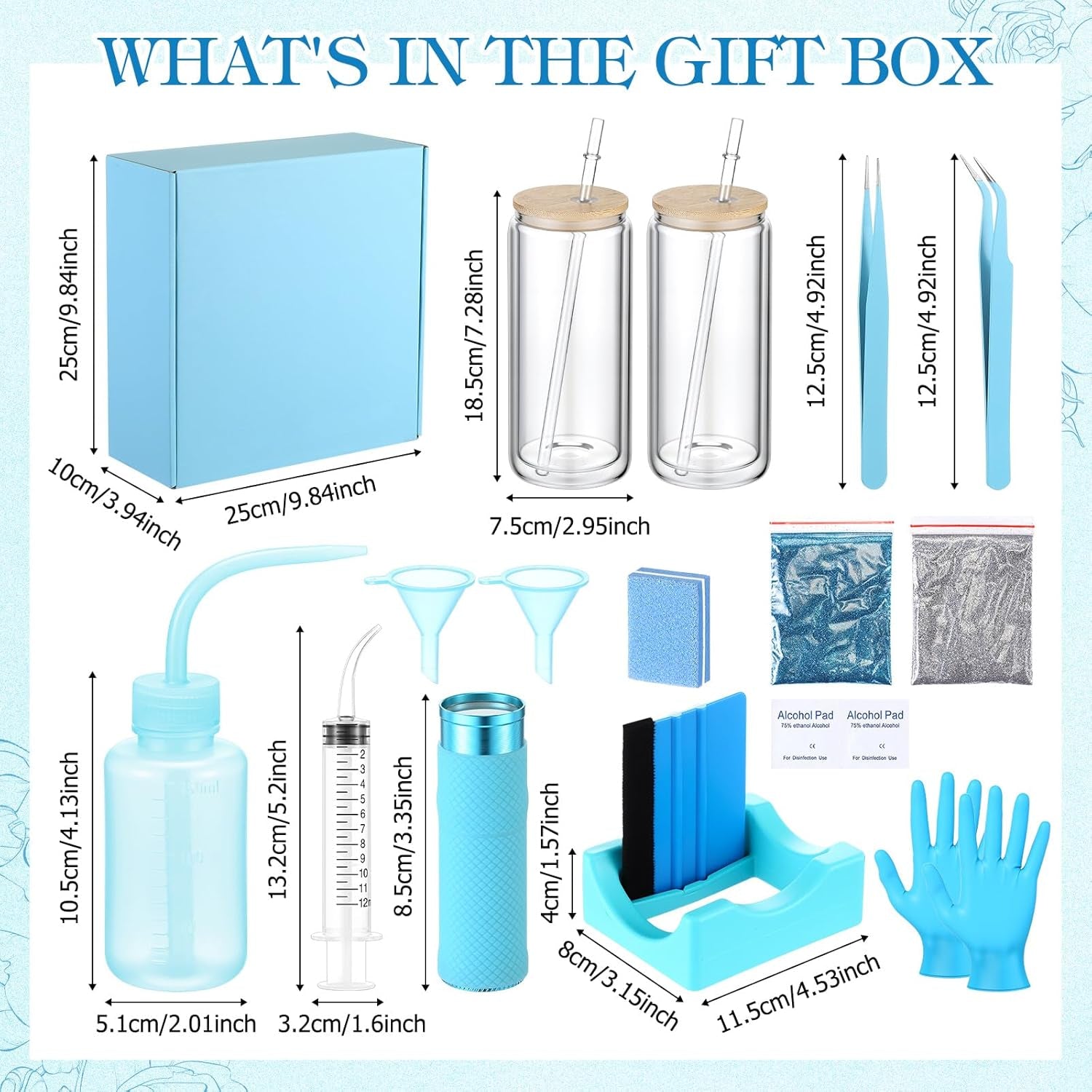 Baderke 20 Pcs Snow Globe Tumbler DIY Kit 16 Oz Tumbler Squeeze Bottle, Glitter, Funnel Tweezer Silicone Cup Cradle Measuring Cup Glove Flashlight Buffer for Beginner(Blue,Classic)