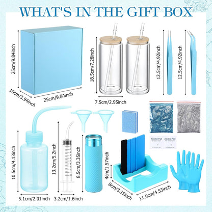 Baderke 20 Pcs Snow Globe Tumbler DIY Kit 16 Oz Tumbler Squeeze Bottle, Glitter, Funnel Tweezer Silicone Cup Cradle Measuring Cup Glove Flashlight Buffer for Beginner(Blue,Classic)