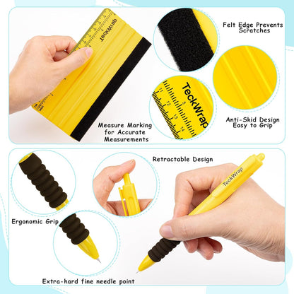 Vinyl Craft Tool Kit – Retractable Pin Pen, 6" Felt Squeegee for Vinyl with Ruler & Precision Tweezers for Decals, HTV & Iron-On Projects